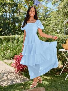 KARISMINA Solid Color Woven Square Neck Short Sleeve Layered Ruffle Hem Dress For Women, Spring/Summer Vacation Light Blue Ellegant - Baby Blue - View 3