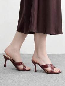 CUCCOO BIZCHIC 女士时尚高跟凉鞋 小猫跟漆皮四季通勤优雅基础款办公户外服饰 - 酒紅色 - 查看 4