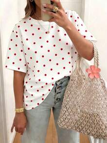 EMERY ROSE Polka Dot Crew Neck Casual Short-Sleeved T-Shirt, Plus Size Women's T-Shirt, Summer - Multicolor - View 1