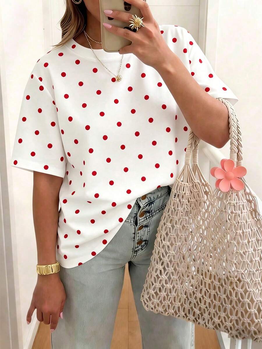 EMERY ROSE Polka Dot Crew Neck Casual Short-Sleeved T-Shirt, Plus Size Women's T-Shirt, Summer - Multicolor - View 1