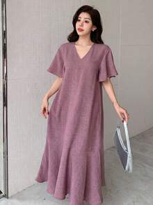 DAZY Solid Color Round Neck Ruffle Hem Mid-Length Dress For Women - Purple - View 3