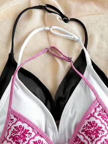 SHEIN 少女休闲度假碎花纯白色和黑色比基尼三件套 - 彩色 - 查看 4