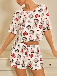 Betty Boop x SHEIN Women's Cartoon Print Short Sleeve T-Shirt And Shorts Pajama Set - White - View 5