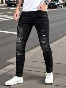 Manfinity LEGND Jeans ajustados de algodón rasgados para hombres, corte slim fit, con efecto desgastado, de color negro liso, para salir con amigos, estilo grunge y rock and roll - Negro - Ver 3