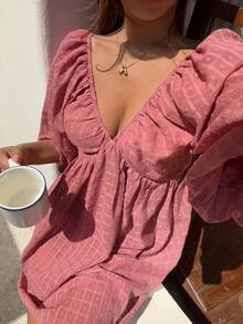DAZY 女士格子印花深V领休闲睡裙 - 粉色 - 查看 1