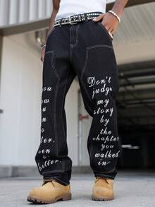 Manfinity EMRG Jeans rectos con estampado de eslogan para hombres - Negro - Ver 7