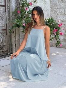 Aloruh Gaun Liburan Elegan dengan Hem Berlapis dan Tali Bahu Tipis - Baby Blue - View 7
