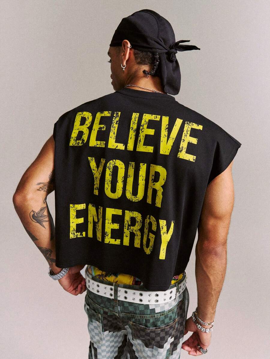 CRAVYNX Casual Street Wear Distressed & Frayed Yellow Slogan Print Oversized Cropped Muscle Sleeveless Top - Black - View 1