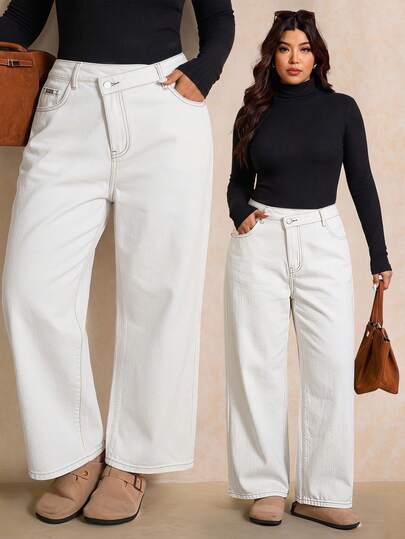 Elaquor Quần jeans ống đứng dáng suông, cạp lệch, túi chéo, dành cho nữ cỡ lớn
