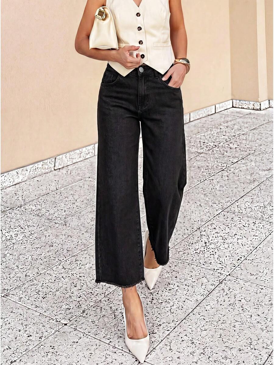 SHEIN Essnce High Waist Wide Leg Jeans - Black - View 1