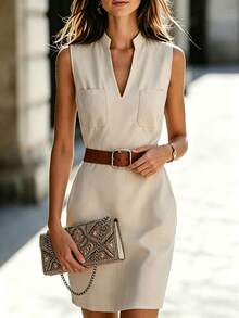 SHEIN LUNE Women's Fashionable Versatile Pocket Casual Sleeveless Dress, Suitable For Commuting And Office - Khaki - View 7
