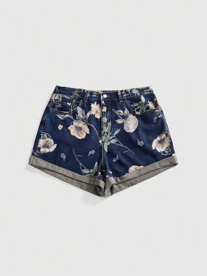 ROMWE Quần short denim nữ cỡ lớn, màu xanh nhạt, kiểu dáng vintage Y2K, có túi bên hông, thời trang thường ngày, thoải mái.