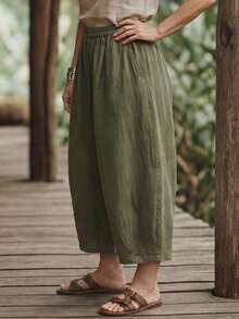 EMERY ROSE Women's Vintage Casual Vacation Cotton Linen Feeling Elastic Waist Loose Lantern Leg Relaxed Linen Cropped Pants For Summer - Army Green - View 5