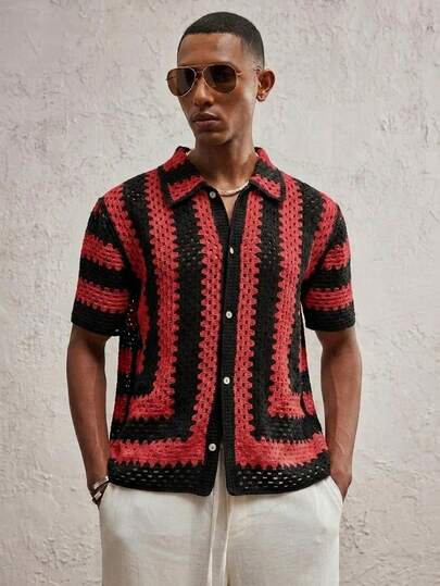 AKNOTIC Party Men's Fitted Turndown Collar Short Sleeve Casual Knit Cardigan, Suitable For Daily Wear