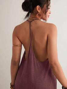 Freevana Plus Size Women Solid Color Casual Halter Loose Dress - Burgundy - View 1
