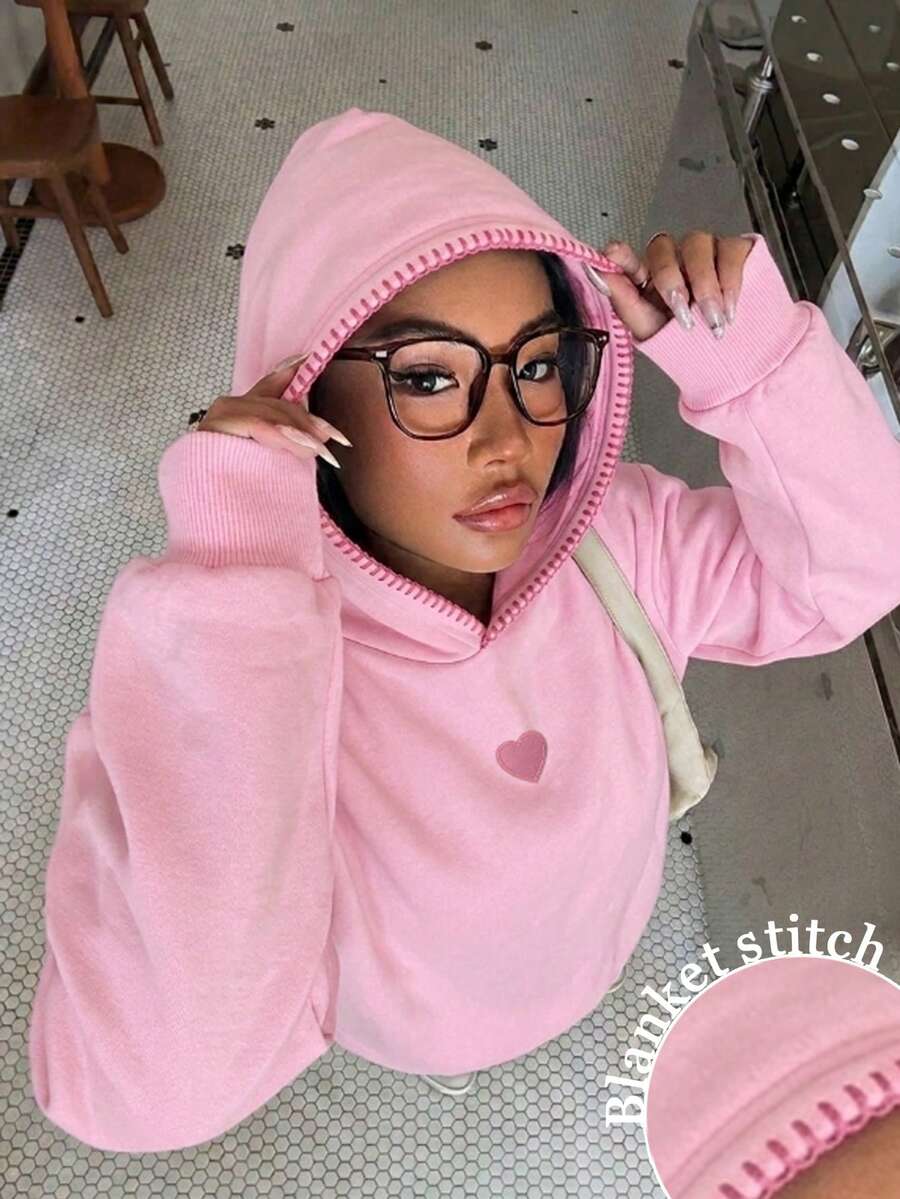 Muchica 针织女式连帽卫衣,扇形袖口和心形贴片 - 粉色休闲家居服,可爱柔美少女风,Y2K复古风,完美适合返校、西部音乐节、甜蜜约会和下午茶穿着,春夏度假旅行必备单品 - 粉色 - 查看 1