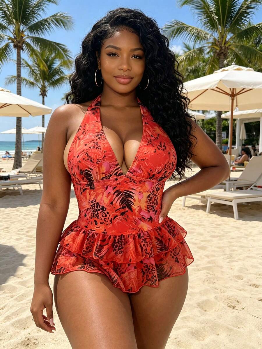 Vaytide Women's Red And Cheetah Print Swimsuit Dress,Palm Leaf Cake Skirt,Summer,Casual,Beach,Holiday,Vacation,Holiday,Sunbathing,Pool Party Photo Shoot - Multicolor - View 1