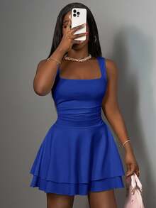 Slaydiva Women's Casual Basic Sweet Ruched Square Neck Sleeveless Top & A-Line Short Dress Set, Summer,Dresses For Women Summer - Teal Blue - View 7