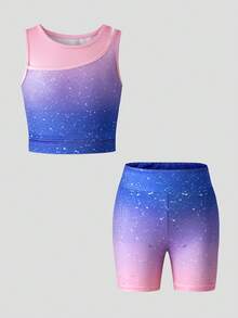 SHEIN Young Girl Contrast Color Round Neck Tank Top And Shorts Sportswear Set - Multicolor - View 7