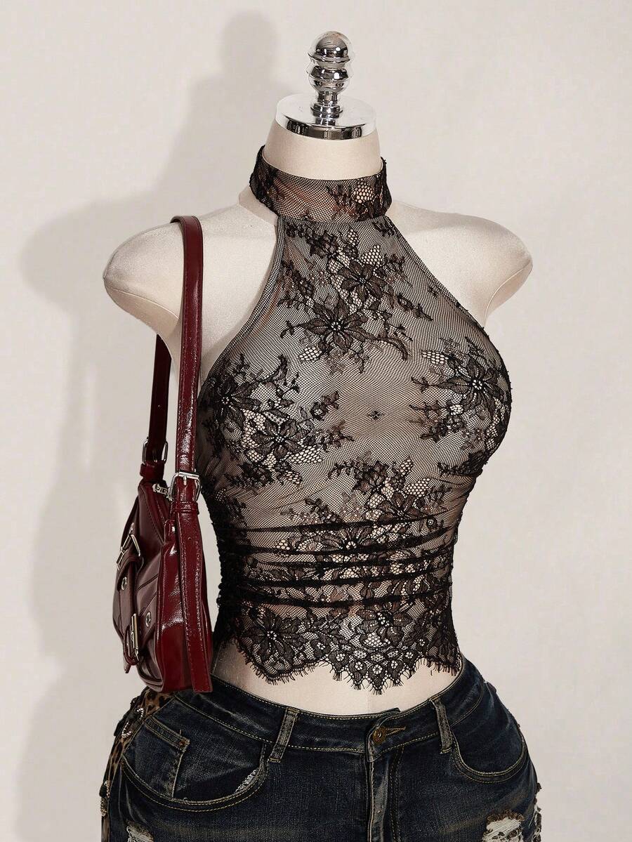 SHEIN ICON Women's Lace Ruffle Halter Neck Sexy Sheer Blouse For Date & Outing - Black - View 1