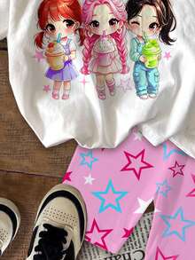Young Girl Cartoon Letter Print Round Neck Short Sleeve T-Shirt And Shorts Casual Daily Outfit - Multicolor - View 6