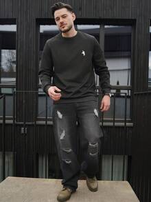 LEOGASHI LEOGASHI Áo sweatshirt nam cổ tròn ôm dáng, phong cách tối giản, in hình cưỡi ngựa, thích hợp mặc hàng ngày, mùa xuân/thu. - màu đen - Xem 5