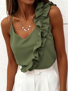 EMERY ROSE Women's Sweet V-Neck Ruffle Trim Sexy Backless Camisole - Army Green - View 5