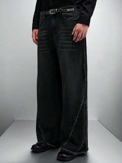 Zorclune 男士街头风毛边拼接阔腿裤