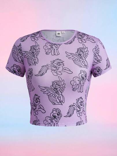 My Little Pony X SHEIN Tween Girls' Casual Unicorn Print Fitted Cropped T-Shirt, Summer