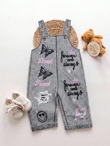 SHEIN Bộ áo liền quần cho bé gái chất liệu denim, in hình bướm, trái tim và chữ cái. - Xám - Xem 5