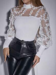 SHEIN Allurite 白色性感透视网纱拼接长袖上衣，约会之夜、优雅场合、情人节、新年皆宜。 - 白色 - 查看 4