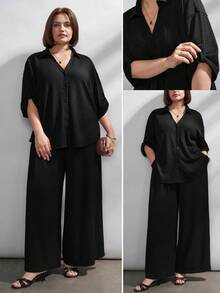 Chikora Plus Size Women's Solid Color Single-Breasted Top And Wide-Leg Pants Set, Suitable For Office Wear And Various Occasions In Summer - Black - View 1