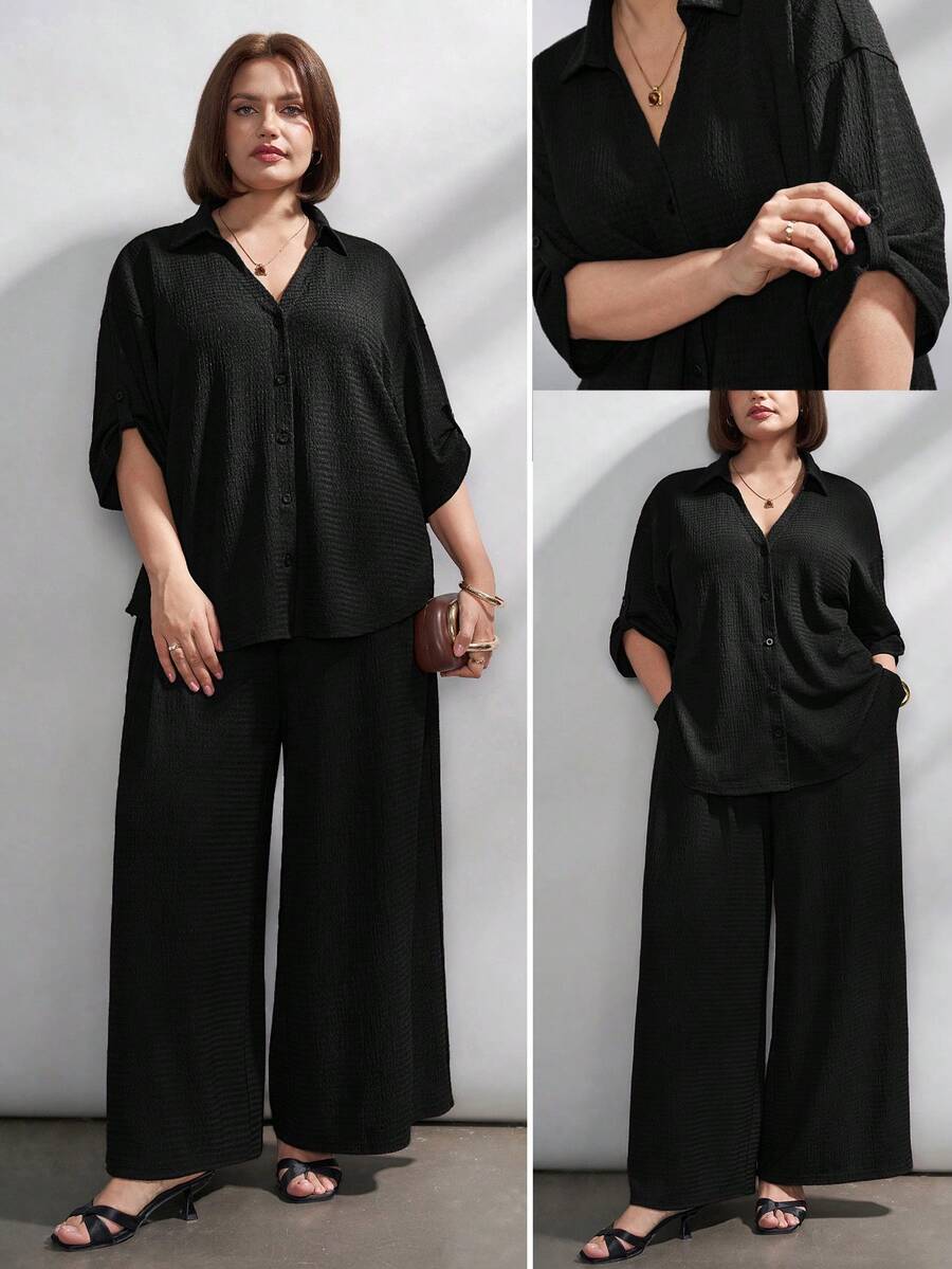 Chikora Plus Size Women's Solid Color Single-Breasted Top And Wide-Leg Pants Set, Suitable For Office Wear And Various Occasions In Summer - Black - View 1