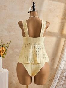 Bellisia 26SS Spring/Summer Beach Vacation Cute Butter Yellow Jacquard Embroidery Camisole Bikini Set Tropical - Yellow - View 2