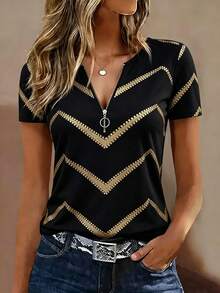 Selamara Ombre Wavy Striped Print V-Neck Casual Short Sleeve T-Shirt, Spring/Summer - Multicolor - View 4