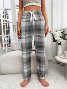 SHEIN Plaid Print Bow Decor High Waist Pajama Pants - Grey - View 3