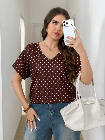 Comfylo Plus Size Women V-Neck Polka Dot Print Short Sleeve T-Shirt