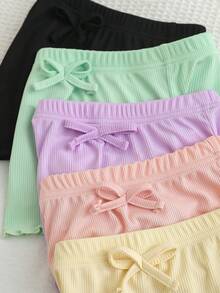 SHEIN Playful Pals 5件套女婴纹理荷叶边袖圆领T恤和蝴蝶结短裤，10件/包 - 彩色 - 查看 8