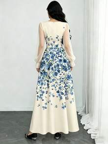 Modelyn 蓝色碎花浅杏色连衣裙，女士时尚方领灯笼袖设计连衣裙，夏季收腰长款优雅连衣裙，适合夏季度假和日常穿着 - 彩色 - 查看 2