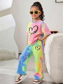 Set de 2 piezas de top de manga corta con estampado de corazón teñido anudado y pantalones acampanados, informal, suave y cómodo para niñas, apto para verano, todas las estaciones, otoño - Multicolor - Ver 6
