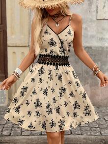 Vestido de tirantes con inserto de encaje guipur de estampado tropical de verano - Albaricoque - Ver 4