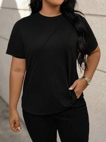 EMERY ROSE Plus Size Solid Color Round Neck Toothpick Decor Pullover T-Shirt - Black - View 3
