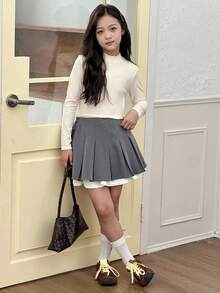 DAZY 青少年女孩高領修身抓絨T恤，秋季百搭 - 白色 - 查看 2