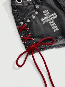 ROMWE Grunge Punk 女士朋克性感铆钉交叉串珠迷你低腰牛仔短裤 - 灰色 - 查看 4