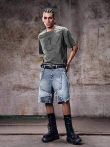 Skyrend Loose Fit Wide Leg Denim Shorts, Y2K Baggy Mid-Length Jeans Shorts, Casual Street Style, Cotton Slant Pocket Denim Shorts, Summer Jeansemo - Blue - View 3