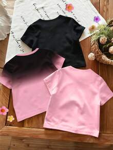 3pcs Young Girl Casual Fashionable Creative Personalized Refreshing Cute Minimalist Pink Black Bow Gradient Print Short T-Shirt Set, Comfortable Daily Wear, Suitable For Spring, Summer And Autumn - Multicolor - View 3