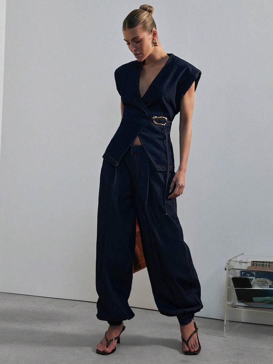 Hauture Pantalón de mezclilla con pierna globo y puño con botones para mujer, uso moderno y sexy para la oficina - Azul lavado oscuro - Ver 1
