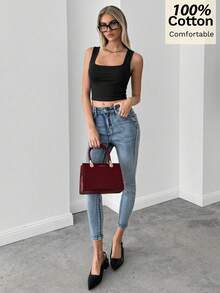 Siren Gaze Áo tank top nữ cổ vuông, kiểu dáng thường ngày, màu trơn, đa năng. - màu đen - Xem 3