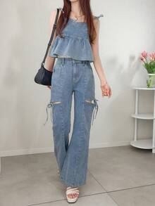 FRIFUL Conjunto casual de verano para mujer con camiseta de tirantes con volantes en el bajo y vaqueros desgastados - Azul - Ver 6