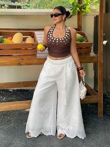Dazy Plus Plus Size Women's White Vacation Style Wide Leg Pants With Contrast Lace, Casual Long Trousers For Spring And Summer - White - View 5
